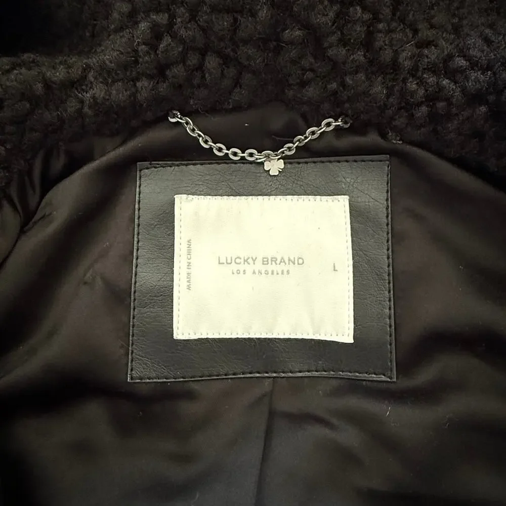 Lucky Brand Black Teddy Sherpa Hooded Jacket Women’s L Oversized Full Zip Cozy - Picture 14 of 16